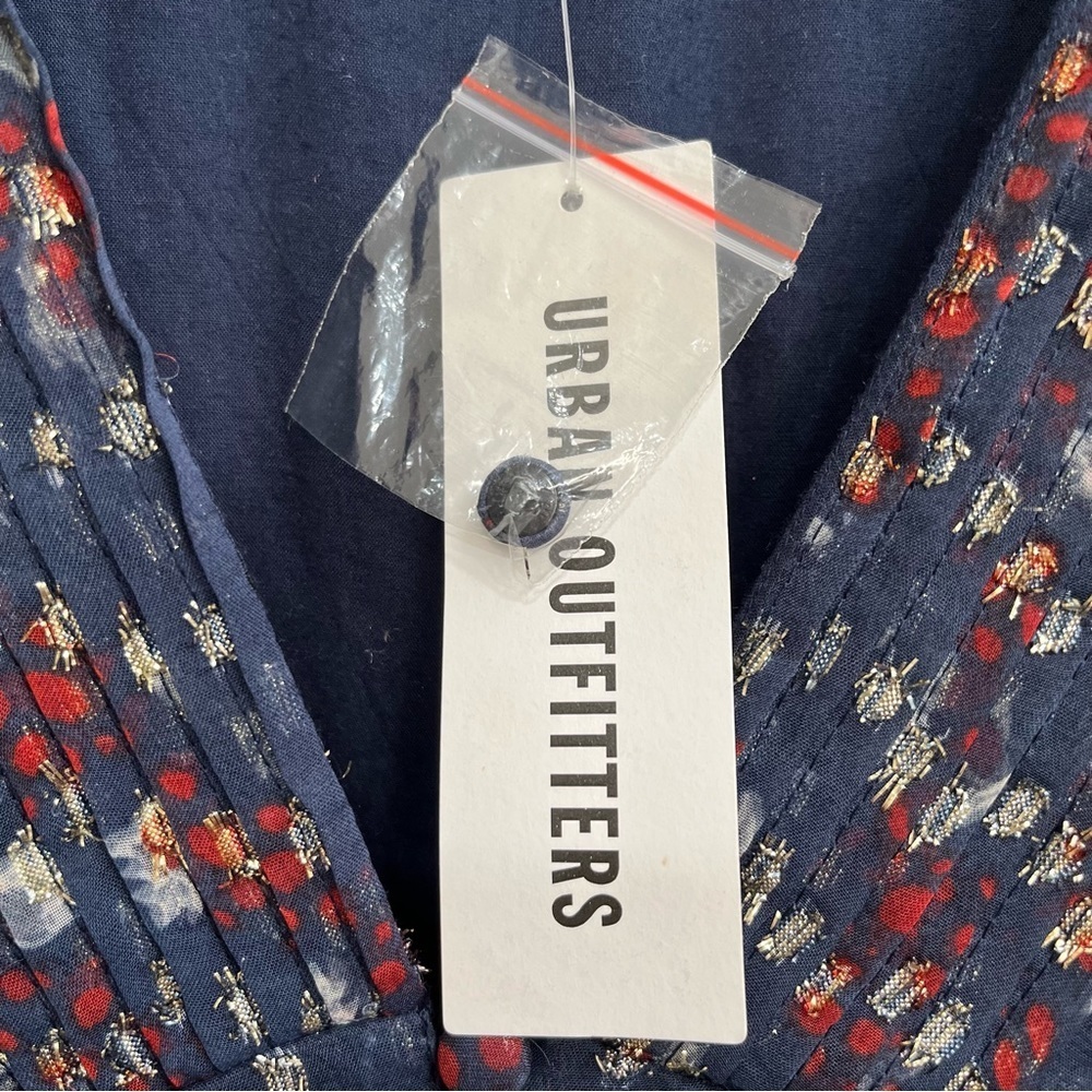 Urban Outfitters Navy Blue Metallic Puff Sleeve Mini Dress Babydoll Size XS - Picture 13 of 15